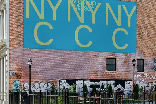 Billboard mockup on an urban brick wall with large letters NY and graphics, suitable for displaying logo or design in a realistic setting.