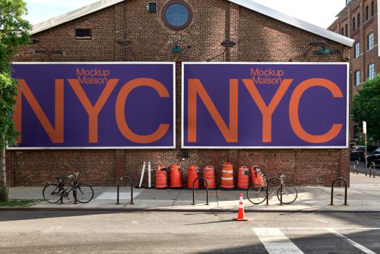 Billboard mockup on urban brick building with bold NYC typography design, ideal for showcasing branding work by graphic designers.