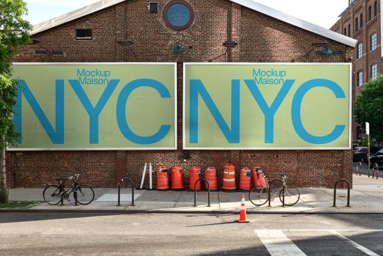 Outdoor billboard mockup on urban brick building with large blue NYC text, clear sky, street scene with bicycles, suitable for design presentations.