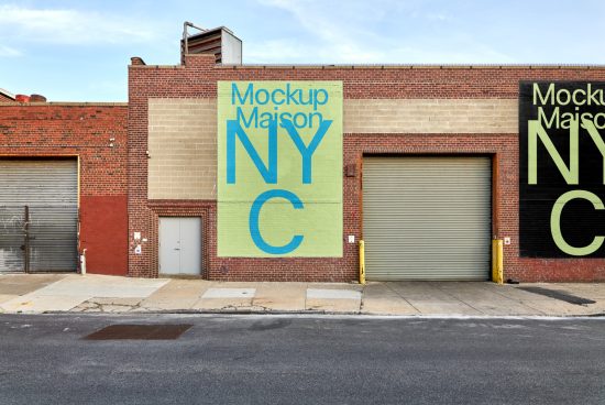 Urban building wall with Mockup Maison NYC graphic design, showcasing large font and color contrast ideal for mockup category in digital assets.