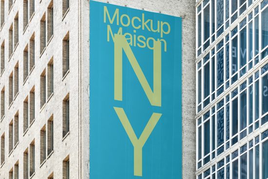Urban building banner mockup with typography design, prominently displayed between two modern structures, ideal for presentations and branding.