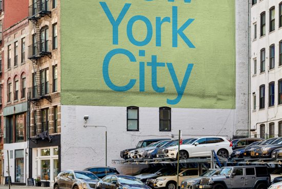 Urban billboard mockup with large teal typography reading New York City on building facade, ideal for presenting advertising designs.