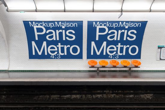 Paris Metro billboard mockup on subway platform with orange seats, tiled wall, design template for ads, urban advertising mockup.