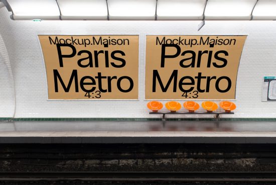 Paris Metro station mockup with bold typography on posters and public seating, ideal for designers to showcase advertising graphics.