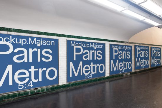 Paris Metro station billboard mockup in subway for advertising design presentation, with editable layers and realistic lighting.
