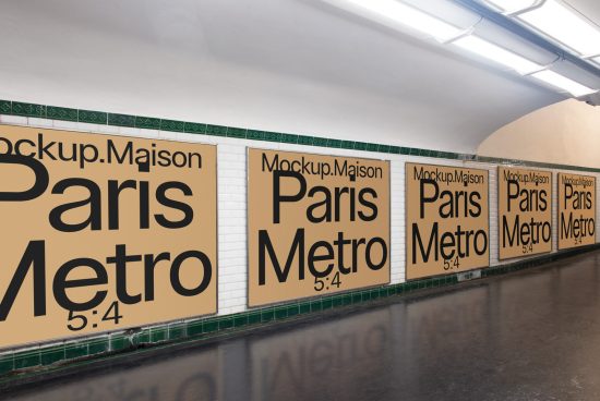 Paris Metro advertising mockup display in subway station for designers, featuring elegant typographic layout, ideal for presentations, urban and public transport designs.