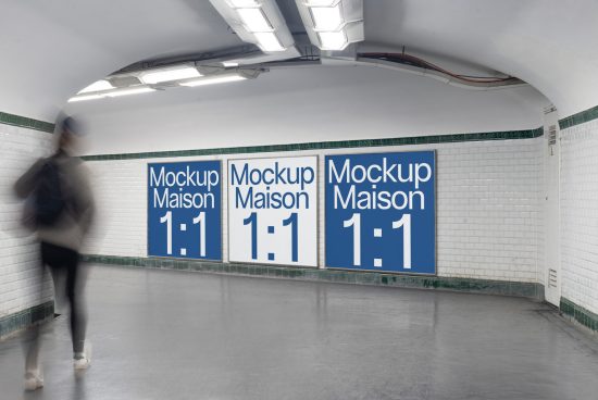 Subway station with billboard mockups for advertising, person in motion blur, urban poster display, designers asset.