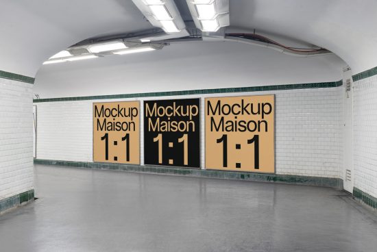 Subway station interior with three large advertising mockups on the wall for designers to showcase work.