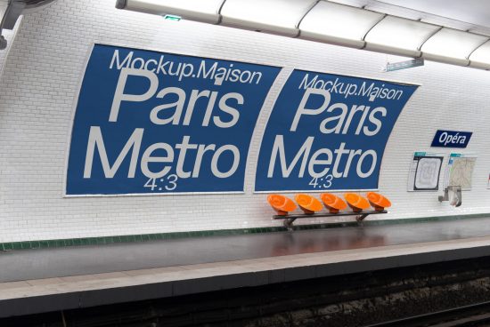 Paris Metro station mockup with large billboard ads on tiled wall, platform with orange seats, suitable for advertising, graphics display.