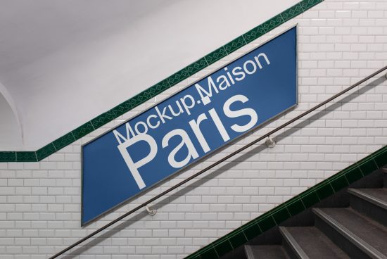Mockup of a subway station sign with custom text label Mockup Maison Paris on tiled wall background for graphic designers.