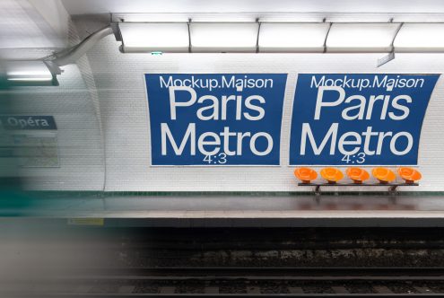 Mockup advertising banners on Paris metro station wall, subway branding design, realistic interior, white tiles, empty platform.