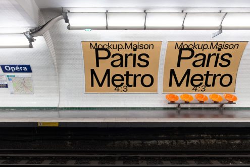 Paris metro station mockup with signage posters and orange seats, useful for designers creating urban graphics or templates.