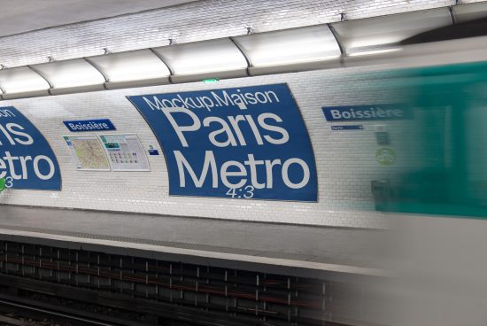 Realistic subway station poster mockup in Paris Metro showcasing motion blur effect, ideal for advertising and branding designs.