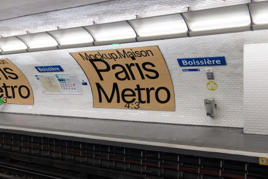 Paris metro station mockup with ad posters on tiled wall, ideal for graphic design and advertising presentation.