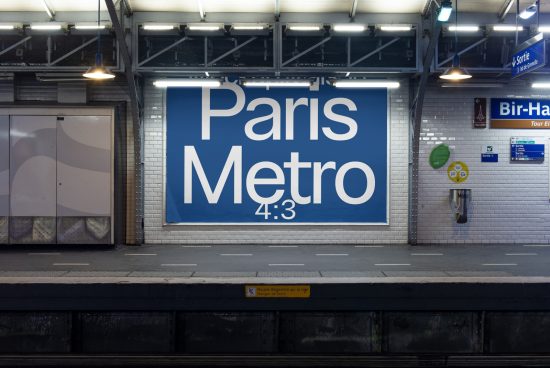 Paris Metro billboard mockup in subway station for designers, realistic advertising space, editable urban template, high quality, 4:3 ratio.