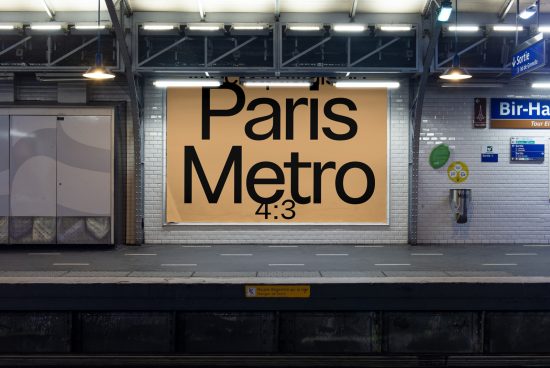 Billboard mockup at metro station with Paris Metro advertisement, realistic urban setting, perfect for advertising and poster design presentations.