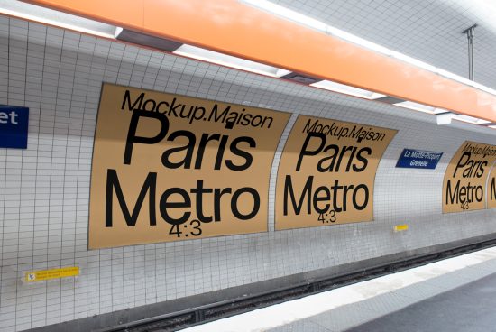 Paris Metro billboard mockups displayed in a clean subway station setting, ideal for realistic advertising presentations, high-quality design assets.