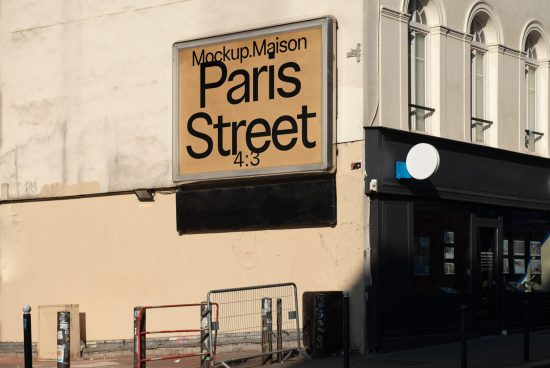 Outdoor advertising mockup of a signboard on a building with Paris Street written, realistic urban setting for designers.