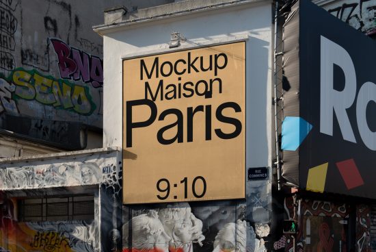 Urban billboard mockup on a graffiti-covered building showcasing a bold typography design with text 'Mockup Maison Paris', appealing to creative designers.