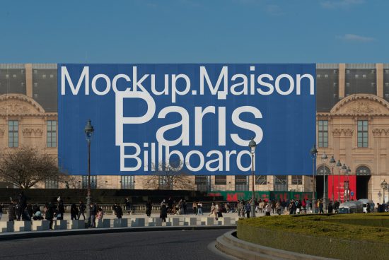 Paris outdoor billboard mockup in urban setting for advertising design presentation, clear sky, near classical architecture.