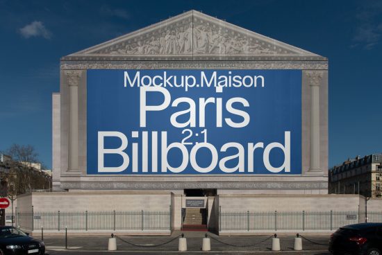 Urban billboard mockup on classic architecture for outdoor advertising and design presentation, clear blue sky, Paris cityscape background.