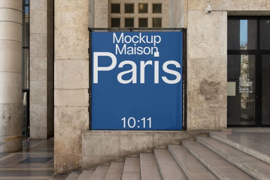 Outdoor poster mockup on building wall with 'Mockup Maison Paris' text, suited for designers to present graphics and branding.