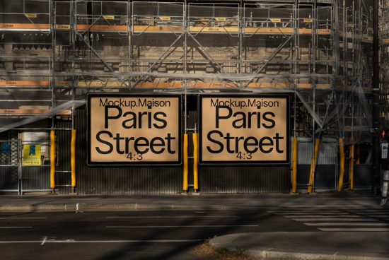 Urban billboard mockup on construction fence for advertising design presentation, Paris street setting, clear sunny day, designers asset.