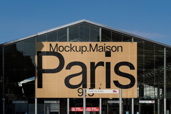Building facade mockup with large signage reading Mockup Maison Paris, ideal for presenting brand designs and fonts.