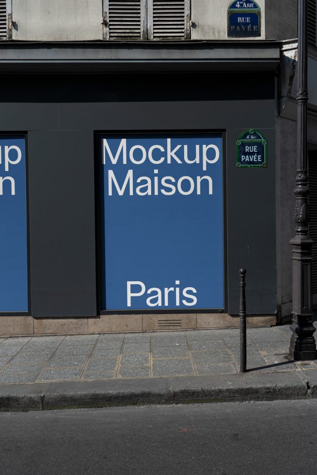 Urban shop facade mockup template with editable text for storefront design, located in Paris, ideal for graphics and branding presentations.