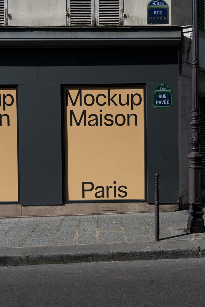 Storefront mockup on Rue Pavée in Paris with editable facade for branding, suitable for graphic designers and marketing presentations.