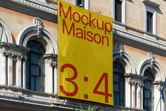 Urban building facade with large yellow vertical banner mockup for design presentation, labeled Mockup Maison in bright red with a 3:4 aspect ratio.