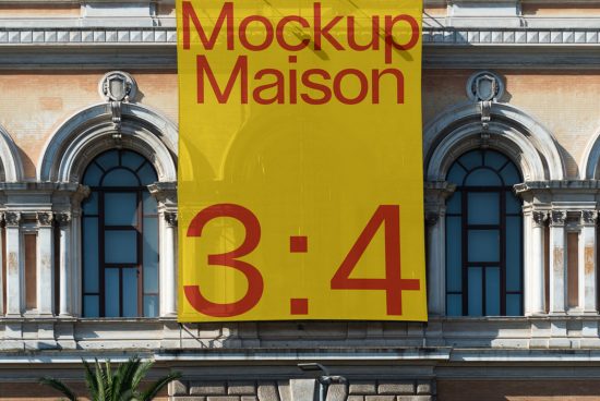 Urban billboard mockup on classic building facade, suitable for displaying designs, large format advertising, easy to edit, design presentation.