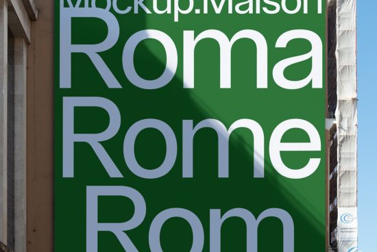 Billboard mockup displaying bold text "Roma Rome Rom" in urban setting, ideal for designers showcasing branding or font designs.