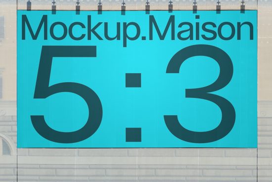 Large billboard mockup on a building with a 5:3 aspect ratio, cyan background, and bold typography, perfect for designers' digital advertising presentations.