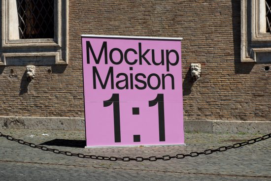 Outdoor poster mockup on historic building wall featuring a pink sign with the text Mockup Maison, ideal for showcasing design projects.