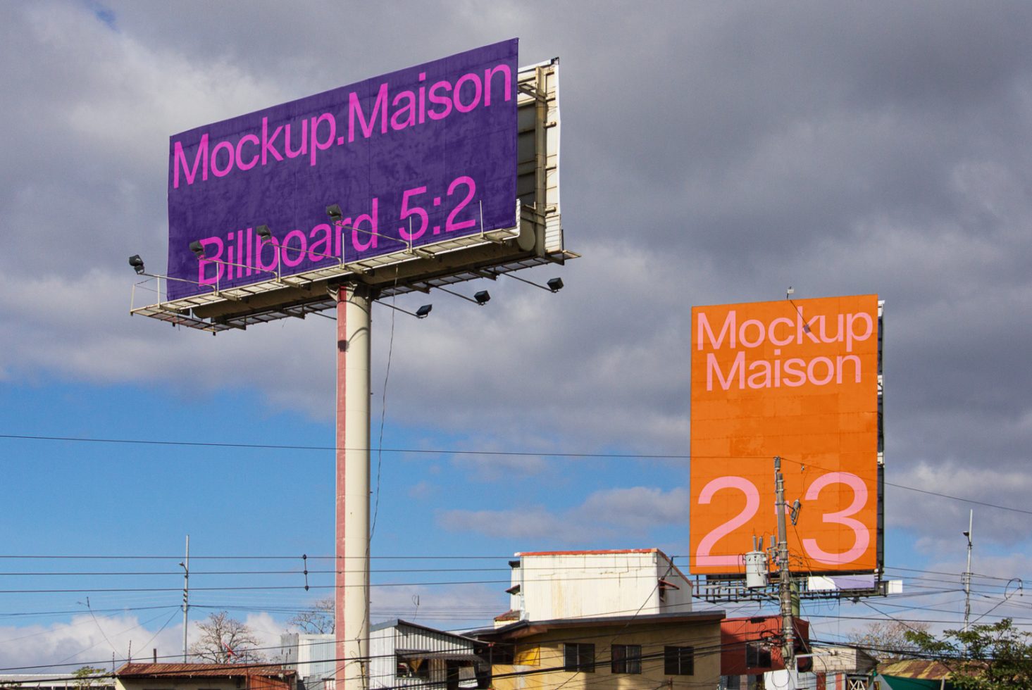 Billboard mockups in landscape and portrait orientation for outdoor advertising design preview, set against a cloudy sky and urban backdrop.