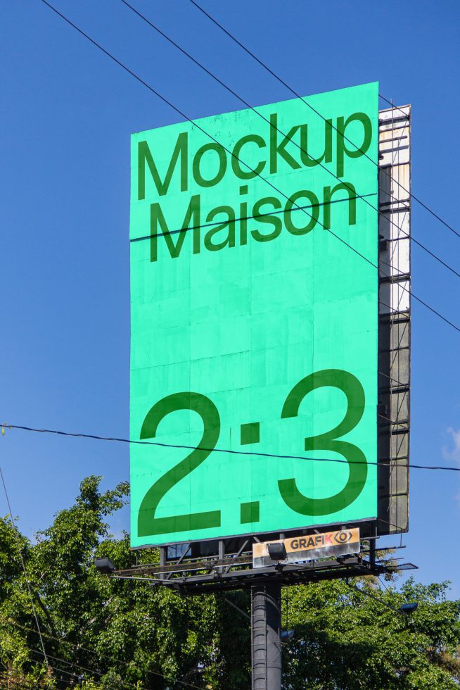 Billboard mockup in a clear sunny sky ideal for designers to showcase advertising designs, with a 2:3 ratio display. Outdoor advertising mockup example.