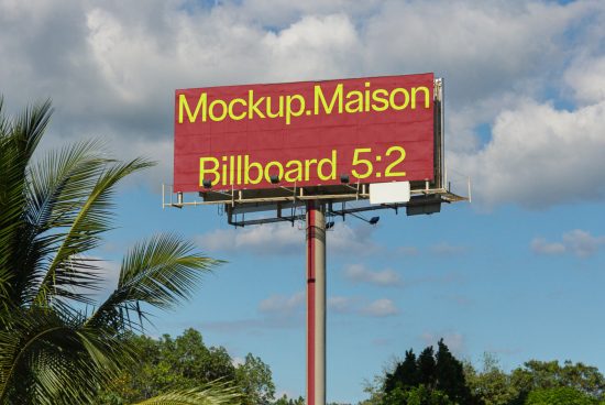 Red billboard mockup with yellow text against a blue sky with clouds, palm trees in foreground, suitable for graphic design and advertising templates.
