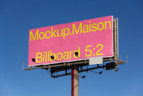 Outdoor billboard mockup with bright pink background and clear sky, perfect for advertising designs and large-scale graphics.