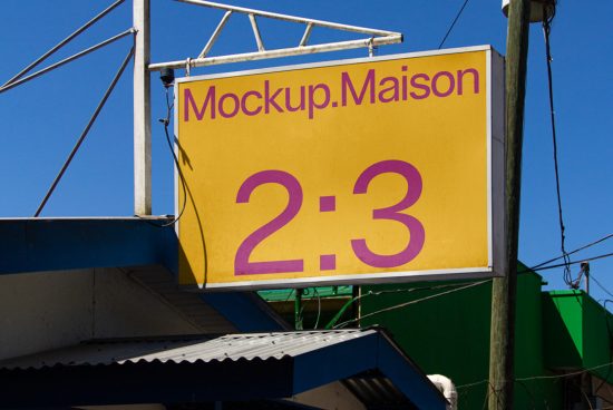 Yellow billboard mockup with purple text reading Mockup Maison 2:3 against a clear blue sky, ideal for outdoor advertising designs.