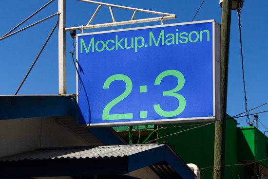 Outdoor billboard mockup with blue sky background, showcasing Mockup.Maison text and 2:3 aspect ratio, for design presentations.