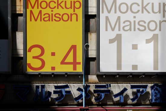 Urban mockup signs in 3:4 and 1:1 ratios for display, suitable for designers to showcase graphics, fonts, and template designs.