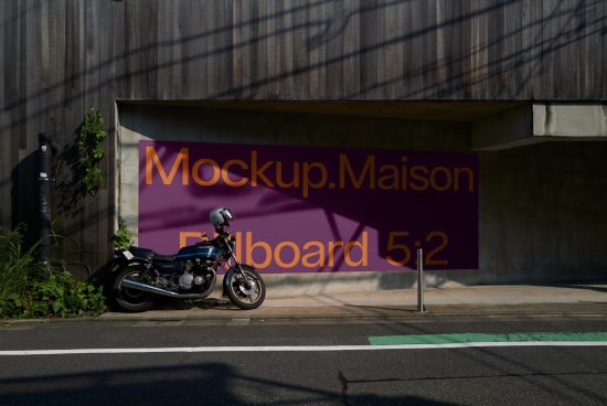 Urban billboard mockup with motorcycle parked in front, showcasing realistic shadows and lighting for advertising design presentation.