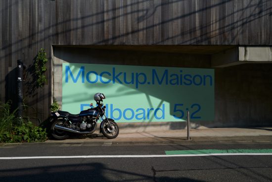 Street-level billboard mockup in urban setting with motorcycle parked, realistic shadows, editable design for advertising presentations.