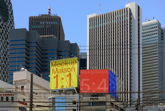 Urban billboard mockups set against skyscrapers, ideal for designers to showcase advertising designs in a realistic cityscape setting.