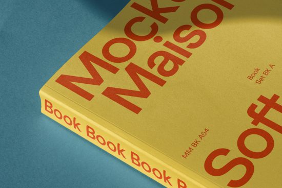Yellow book cover mockup with red typography design on a blue background, ideal for displaying graphic design and font showcase.