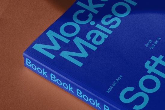 Blue book mockup on brown background showcasing spine and cover design for book branding and presentation, perfect for graphic designers.