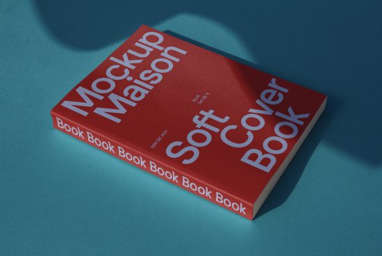 Red softcover book mockup with elegant shadows on a blue background, ideal for showcasing cover designs on a digital marketplace.