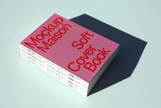 Pink softcover book mockup on a light blue background, with shadow detail, showcasing cover design and spine. Ideal for designers, presentations, portfolio.