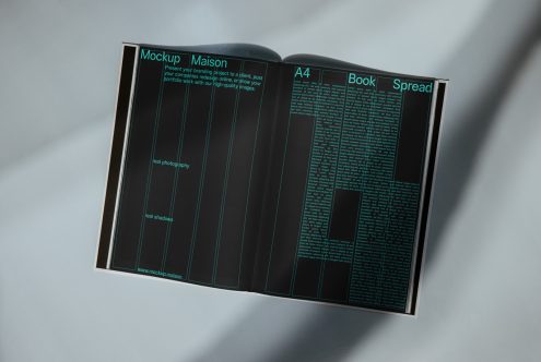 Professional A4 book mockup spread with realistic shadows and lighting for design presentations, portfolio showcase, and digital assets.